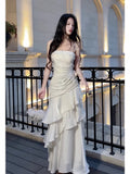 Niulatu Sheath Spaghetti Straps White Layers Long Prom Dresses Evening Dress HZ1110