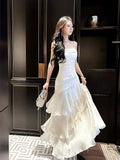 Niulatu Sheath Spaghetti Straps White Layers Long Prom Dresses Evening Dress HZ1110