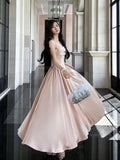 Niulatu A line Spaghetti Straps Pink Satin Prom Dresses Formal Evening Dress HZ1110