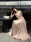 Niulatu A line Spaghetti Straps Pink Satin Prom Dresses Formal Evening Dress HZ1110