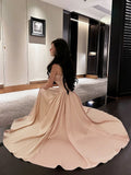 Niulatu A line Spaghetti Straps Pink Satin Prom Dresses Formal Evening Dress HZ1110