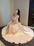 Niulatu A line Spaghetti Straps Pink Satin Prom Dresses Formal Evening Dress HZ1110