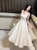 Niulatu A line Square Neckline White Satin Prom Dresses Formal Evening Dress HZ1110