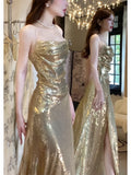 Niulatu Sheath Spaghetti Straps Gold Sequin Slit Prom Dresses Evening Dress HZ1110