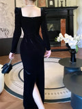 Niulatu Sheath Square Neckline Black Velvet Long Sleeves Prom Dresses Formal Evening Dress HZ1110