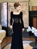 Niulatu Sheath Square Neckline Black Velvet Long Sleeves Prom Dresses Formal Evening Dress HZ1110