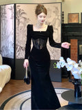 Niulatu Sheath Square Neckline Black Velvet Long Sleeves Prom Dresses Formal Evening Dress HZ1110