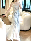 Niulatu Mermaid Spaghetti Straps White Long Sequin Prom Dresses Evening Dress HZ1110