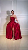 Niulatu A Line Strapless Burgundy Slit Prom Dresses Formal Evening Dress HZ1110