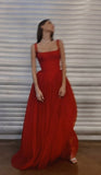 Niulatu Square Neck A Line Red Tulle Prom Dress Long Formal Evening Dress HZ1110