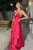 Niulatu A Line Spaghetti Straps Sleeveless Satin Ruffles Long Prom Dresses HZ1110