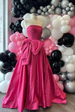 Niulatu Hot Pink Strapless Satin Long Prom Dress Tiered Evening Formal Gown With Bowknot HZ1110