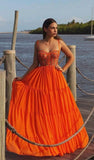 Niulatu A line Spaghetti Straps Orange Lace Layers Prom Dresses Formal Evening Dress HZ1110