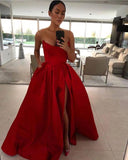 Niulatu Strapless A-line Red Satin Prom Dress High Slit Women Evening Gowns HZ1110