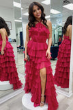 Niulatu Halter Keyhole Ruffle Tiered Prom Dress with Slit Evening Gowns HZ1110