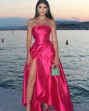 Niulatu A line Strapless Hot Pink Slit Satin Prom Dresses Formal Evening Dress HZ1110