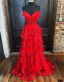 Niulatu A line Off The Shoulder Red Lace Ruffles Layers Long Slit Prom Dresses Formal Evening Dress HZ1110