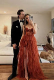 Niulatu A line Sweetheart Rust Red Lace Ruffles Layers Tulle Prom Dresses Formal Evening Dress HZ1110