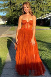 Niulatu A line Sweetheart Rust Red Lace Ruffles Layers Tulle Prom Dresses Formal Evening Dress HZ1110