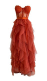 Niulatu A line Sweetheart Rust Red Lace Ruffles Layers Tulle Prom Dresses Formal Evening Dress HZ1110
