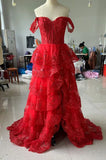 Niulatu A line Off The Shoulder Red Lace Ruffles Layers Long Slit Prom Dresses Formal Evening Dress HZ1110