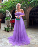 Niulatu A line Off The Shoulder Lilac Tulle Fold Long Prom Dresses Formal Evening Dress HZ1110