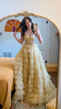 Niulatu Ball Gown Strapless Tulle Gold Layers Long Prom Dresses Formal Evening Dress HZ1110