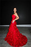 Niulatu Sheath Strapless Satin Red Hand Made Flowers Long Prom Dresses Formal Evening Dress HZ1110