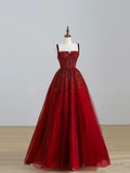 Niulatu A line Straps Tulle Sequin Long Burgundy Prom Dresses Formal Evening Dress HZ1110