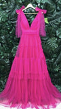 Niulatu A line V Neckline Tulle Pink Long Layers Prom Dresses Formal Evening Dress HZ1110