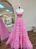 Niulatu Pink Tulle Strapless Tiers Sequins Prom Dress Evening Gowns HZ1110