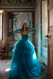 Niulatu Ball Gown Strapless Tulle Blue Layers Long Prom Dresses With Gloves Formal Evening Dress HZ1110
