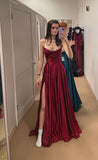 Niulatu A Line Spaghetti Straps Burgundy Long Slit Prom Dresses Formal Dress HZ1110