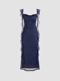 Niulatu Sheath Square Neckline Navy Blue Chiffon Ruffles Prom Dresses Formal Dress HZ1110