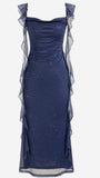 Niulatu Sheath Square Neckline Navy Blue Chiffon Ruffles Prom Dresses Formal Dress HZ1110