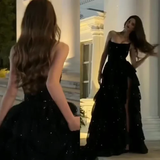Niulatu Ball Gown Strapless Black Sequin Layers Slit Long Prom Dresses Formal Dress HZ1110