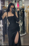 Niulatu Sheath Straps Black Satin Beads Slit Long Prom Dresses Formal Dress HZ1110