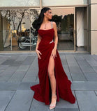 Niulatu Sheath Straps Burgundy Satin Silver Beads Slit Long Prom Dresses Formal Dress HZ1110