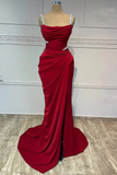 Niulatu Sheath Straps Burgundy Satin Silver Beads Slit Long Prom Dresses Formal Dress HZ1110