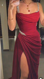 Niulatu Sheath Straps Burgundy Satin Silver Beads Slit Long Prom Dresses Formal Dress HZ1110