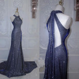 Niulatu Mermaid Halter Sequin Navy Blue Long Prom Dresses Formal Dress HZ1110