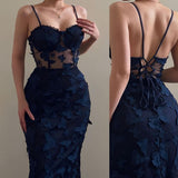 Niulatu Mermaid Spaghetti Straps Lace Navy Blue Long Prom Dresses Formal Dress HZ1110