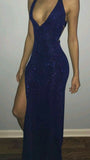 Niulatu Sheath Halter Royal Blue Sequin Slit Long Prom Dresses Formal Dress HZ1110