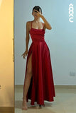 Niulatu A Line Halter Red Slit Long Prom Dresses Formal Dress HZ1110