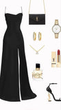 Niulatu Sheath Spaghetti Straps Black Slit Long Prom Dresses Formal Dress HZ1110