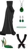 Niulatu Sheath Strapless Satin Black Fold Long Prom Dresses Formal Dress HZ1110