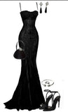 Niulatu Mermaid Spaghetti Straps Lace Black Long Prom Dresses Formal Dress HZ1110