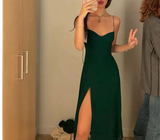 Niulatu Sheath Spaghetti Straps Satin Green Slit Prom Dresses Evening Dress HZ1110