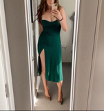 Niulatu Sheath Spaghetti Straps Satin Green Slit Prom Dresses Evening Dress HZ1110