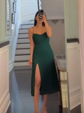 Niulatu Sheath Spaghetti Straps Satin Green Slit Prom Dresses Evening Dress HZ1110